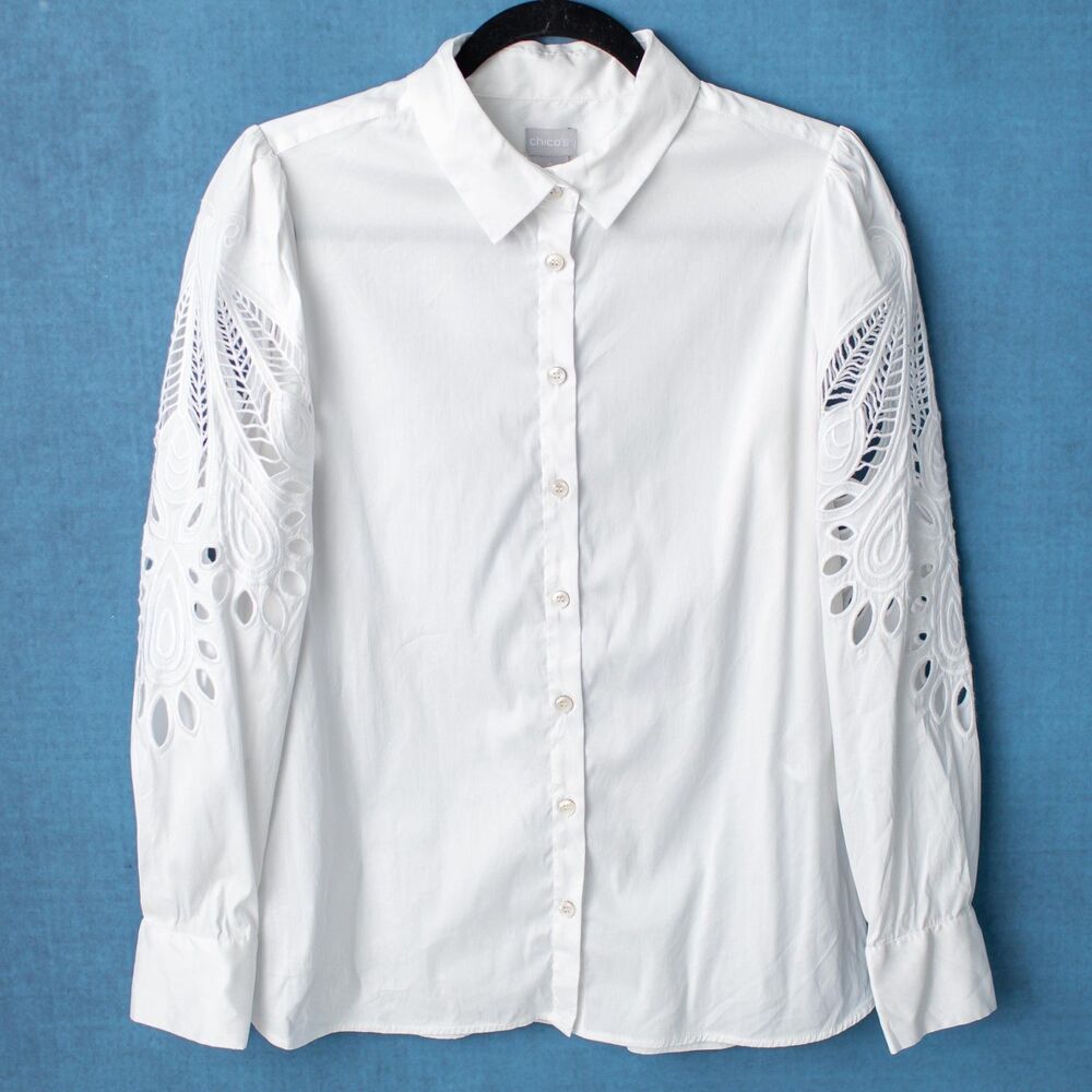 Chico's Size 0 US 4 White Eyelet Embroidered Sleeve Button Down Shirt Blouse